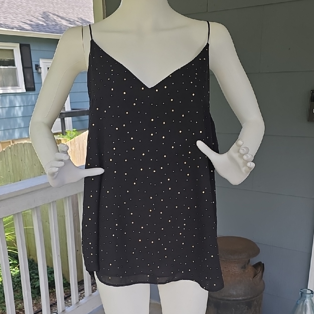 Black V Neck Tank Top With Metallic Gold Dots